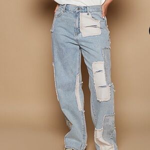 POL Light Blue Patchwork Boyfriend Jeans